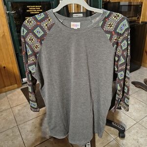 LuLaRoe Gray Top with Vibrant Geometric Sleeves